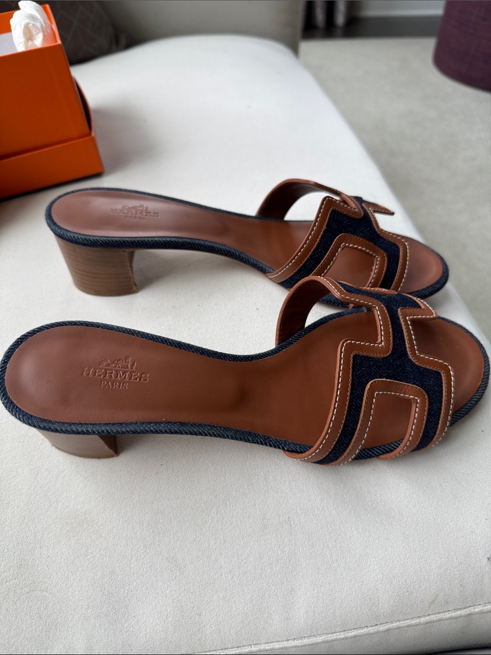 Hermes Oasis Calfskin / Denim brown Slide Sandals